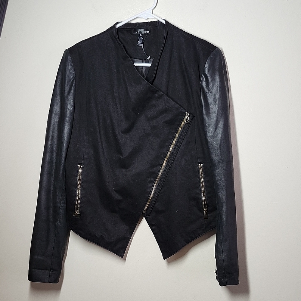 Aqua Leather Cotton Jacket Black Asymmetrical Women's Large Cropped